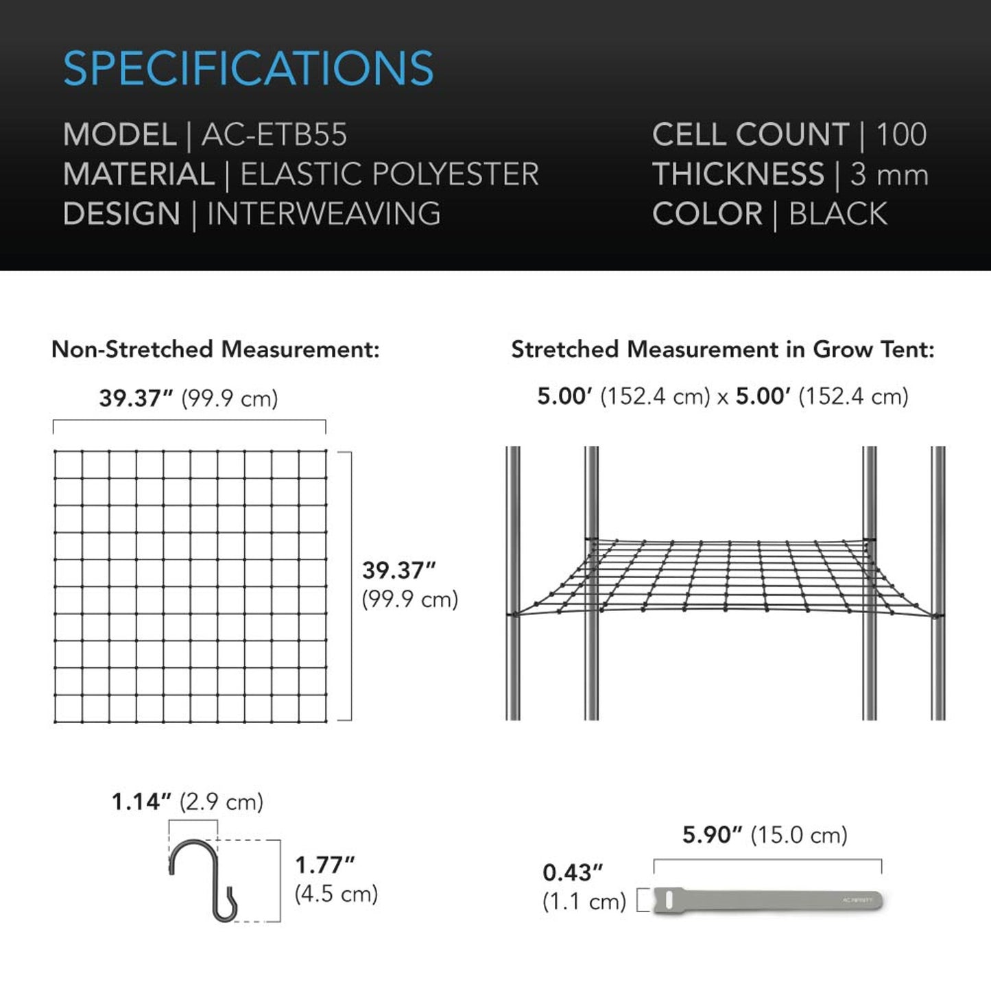 AC Infinity, GROW TENT TRELLIS NETTING, FLEXIBLE ELASTIC CORDS, 5X5’