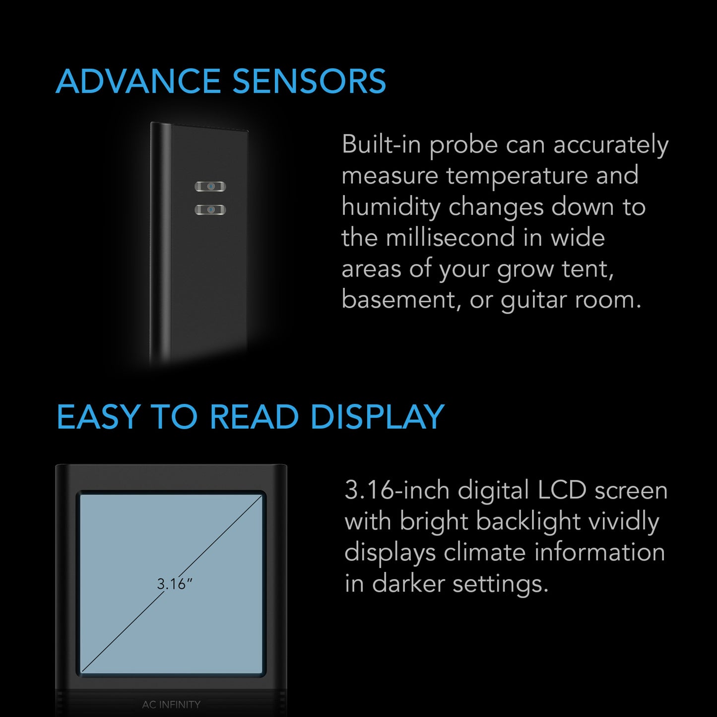 AC Infinity, CLOUDCOM B2, Smart Thermo-Hygrometer with Data App, Integrated Sensor Probe