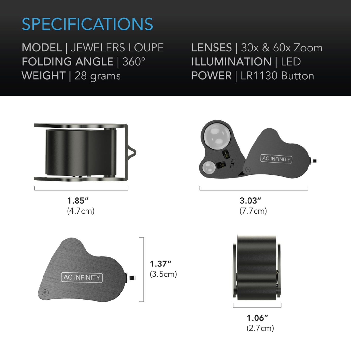 AC Infinity Jewelers Loupe, Pocket Magnifying Glass with LED Light & Dual Lenses