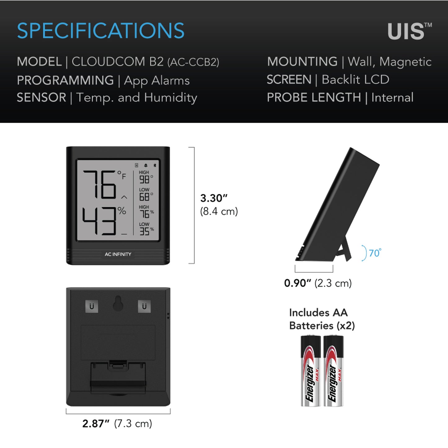 AC Infinity, CLOUDCOM B2, Smart Thermo-Hygrometer with Data App, Integrated Sensor Probe