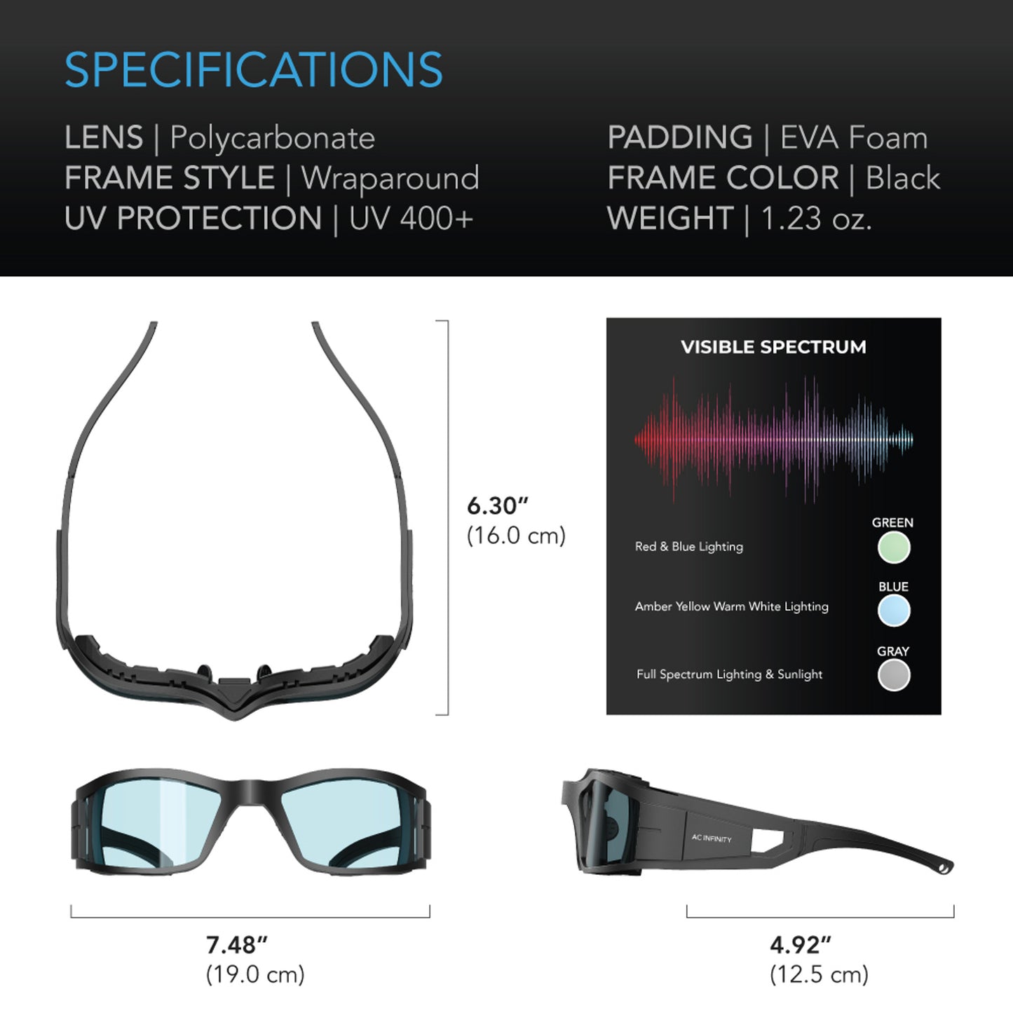 AC INFINITY GROW ROOM GLASSES, WITH 3 COLOR CORRECTIVE LENSES