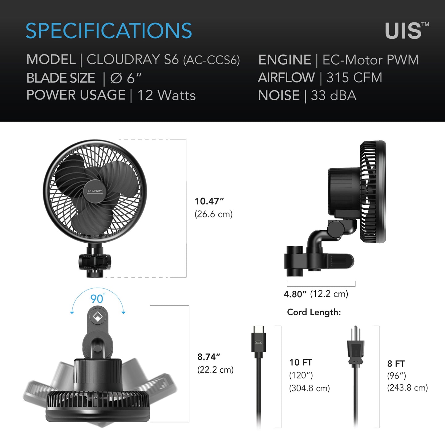 AC Infinity, CloudRay S6, Grow Tent Clip Fan 6" with 10 Speeds, EC Motor, Auto Oscillation
