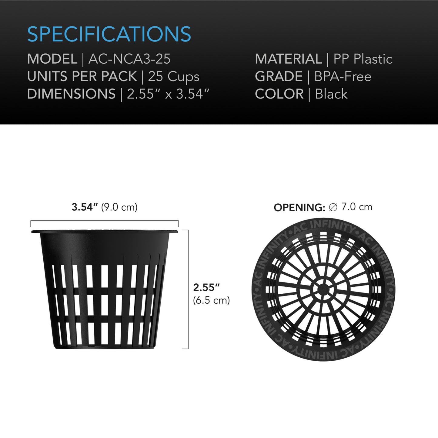 AC INFINITY MESH NET CUPS, SLOTTED POTS WITH WIDE LIPS, 3-INCH