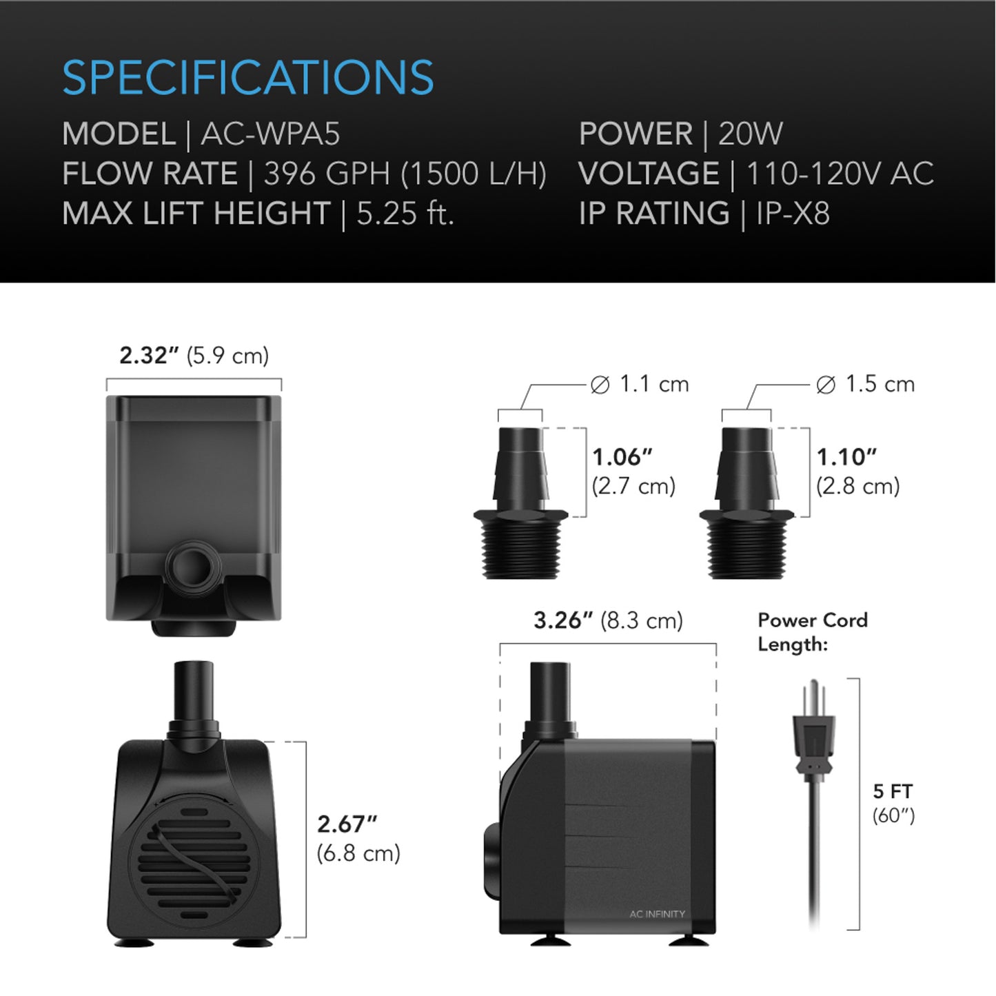 AC INFINITY AC-WPA5 SUBMERSIBLE WATER PUMP, 5-FEET LIFT HEIGHT, 396 GPH (1500 L/H)