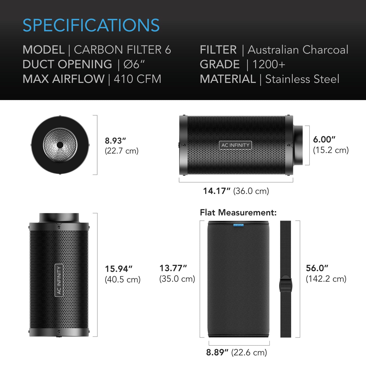 AC INFINITY, DUCT CARBON FILTER, AUSTRALIAN CHARCOAL, 6-INCH